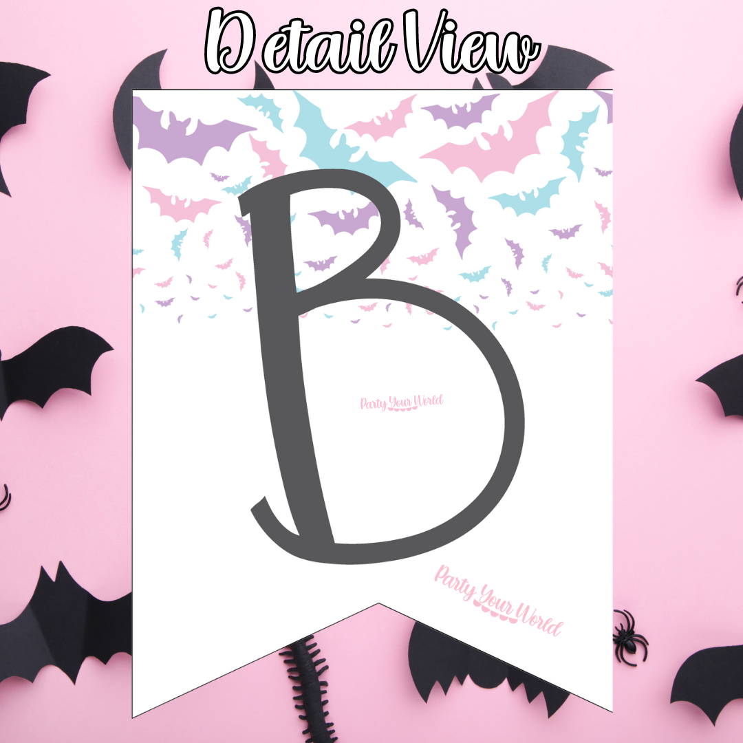 Deatil view of banner flag pastel bats on a white flag with dark grey letters