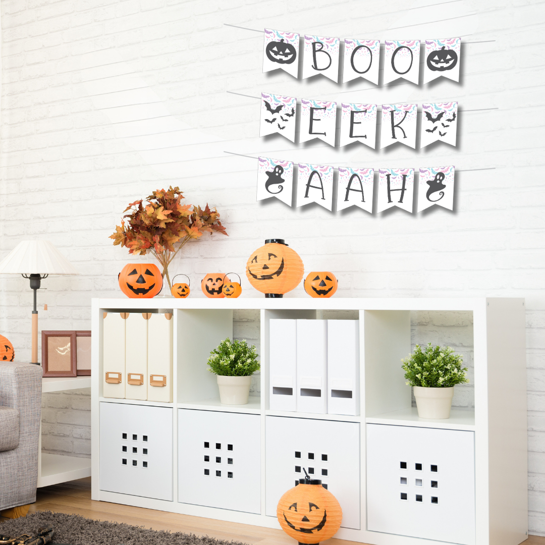 boo eek aah banner mockup on wall above bookcase