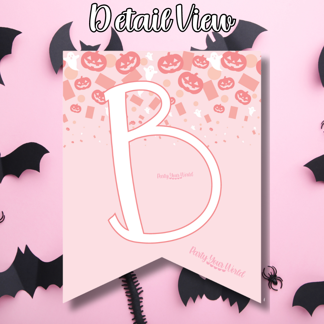 detail view of digital halloween banner flag decorated with Halloween confetti: jack-o-lanterns, ghosts and confetti in pinks and white on light pink flag