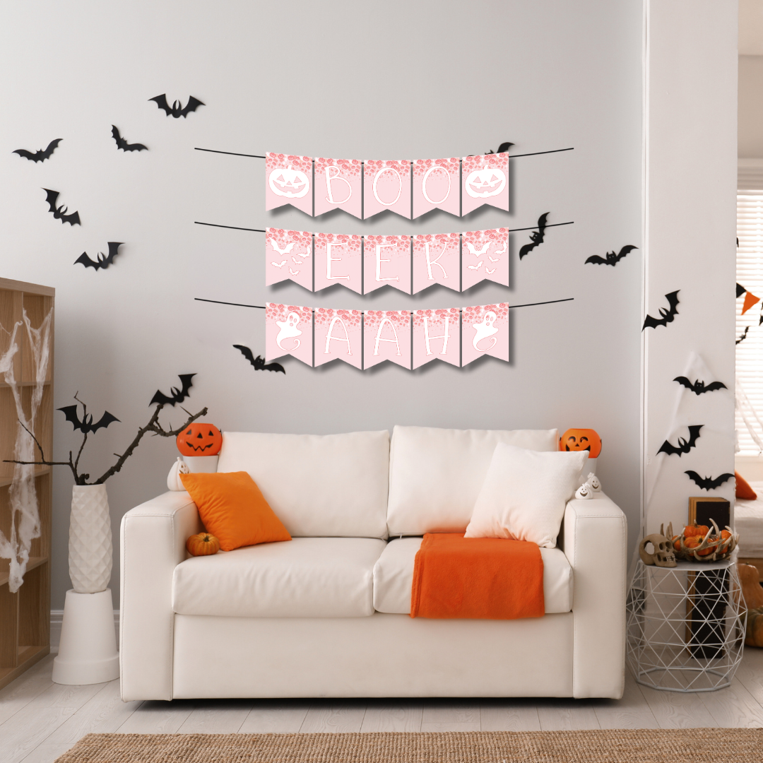 boo eek aah banner mockup on wall above couch