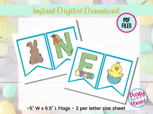 Load image into Gallery viewer, Printable Easter “ONE” high chair banner with two styles – bunny tail version and chick in egg version – displayed on 8.5x11” pages with pastel polka dot letters and spring illustrations.