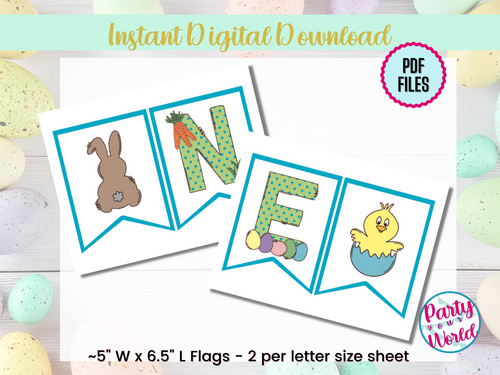 Printable Easter “ONE” high chair banner with two styles – bunny tail version and chick in egg version – displayed on 8.5x11” pages with pastel polka dot letters and spring illustrations.