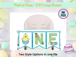 Easter high chair banner spelling “ONE,” featuring a chick in an egg as the “O,” paired with spring carrot and Easter egg letters. Displayed on a high chair with pastel Easter background.