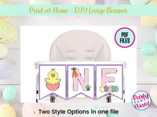 Load image into Gallery viewer, Printable Easter “ONE” High Chair Banner – Bunny or Chick Option – Pink First Birthday Party Decor – DIY PDF Banner
