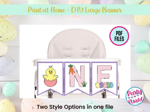 Printable Easter “ONE” High Chair Banner – Bunny or Chick Option – Pink First Birthday Party Decor – DIY PDF Banner