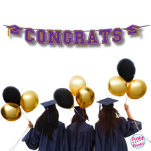 Load image into Gallery viewer, CONGRATS Varsity Graduation Banner - Purple &amp; Gold