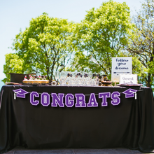 Load image into Gallery viewer, CONGRATS Varsity Graduation Banner - Purple &amp; White