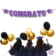 Load image into Gallery viewer, CONGRATS Varsity Graduation Banner - Purple &amp; White