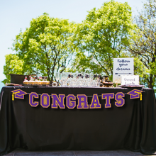 Load image into Gallery viewer, CONGRATS Varsity Graduation Banner - Purple &amp; Yellow