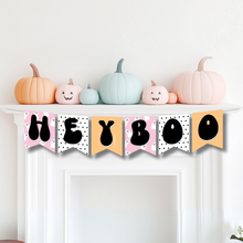 Load image into Gallery viewer, A vibrant Halloween banner featuring &quot;HEY BOO&quot; with cute ghost designs on pink and orange flags, perfect for festive decor.