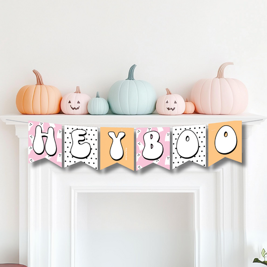 Spooky "HEY BOO" Halloween banner with playful ghost illustrations on colorful flags, ideal for creating a festive atmosphere.