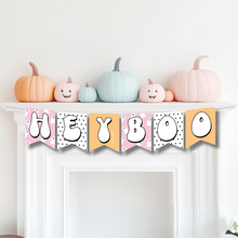 Load image into Gallery viewer, Spooky &quot;HEY BOO&quot; Halloween banner with playful ghost illustrations on colorful flags, ideal for creating a festive atmosphere.