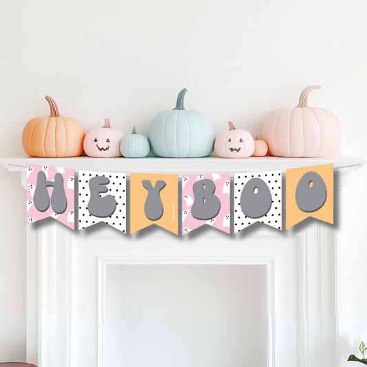 Spooky "HEY BOO" Halloween banner with playful ghost illustrations on colorful flags, ideal for creating a festive atmosphere.
