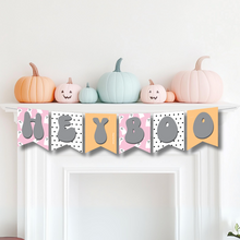 Load image into Gallery viewer, Spooky &quot;HEY BOO&quot; Halloween banner with playful ghost illustrations on colorful flags, ideal for creating a festive atmosphere.