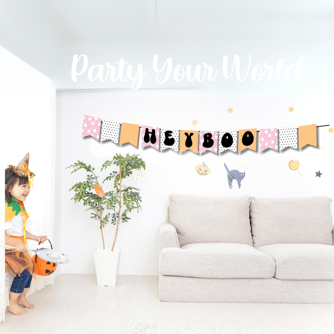 A vibrant Halloween banner featuring "HEY BOO" with cute ghost designs on pink and orange flags, perfect for festive decor.