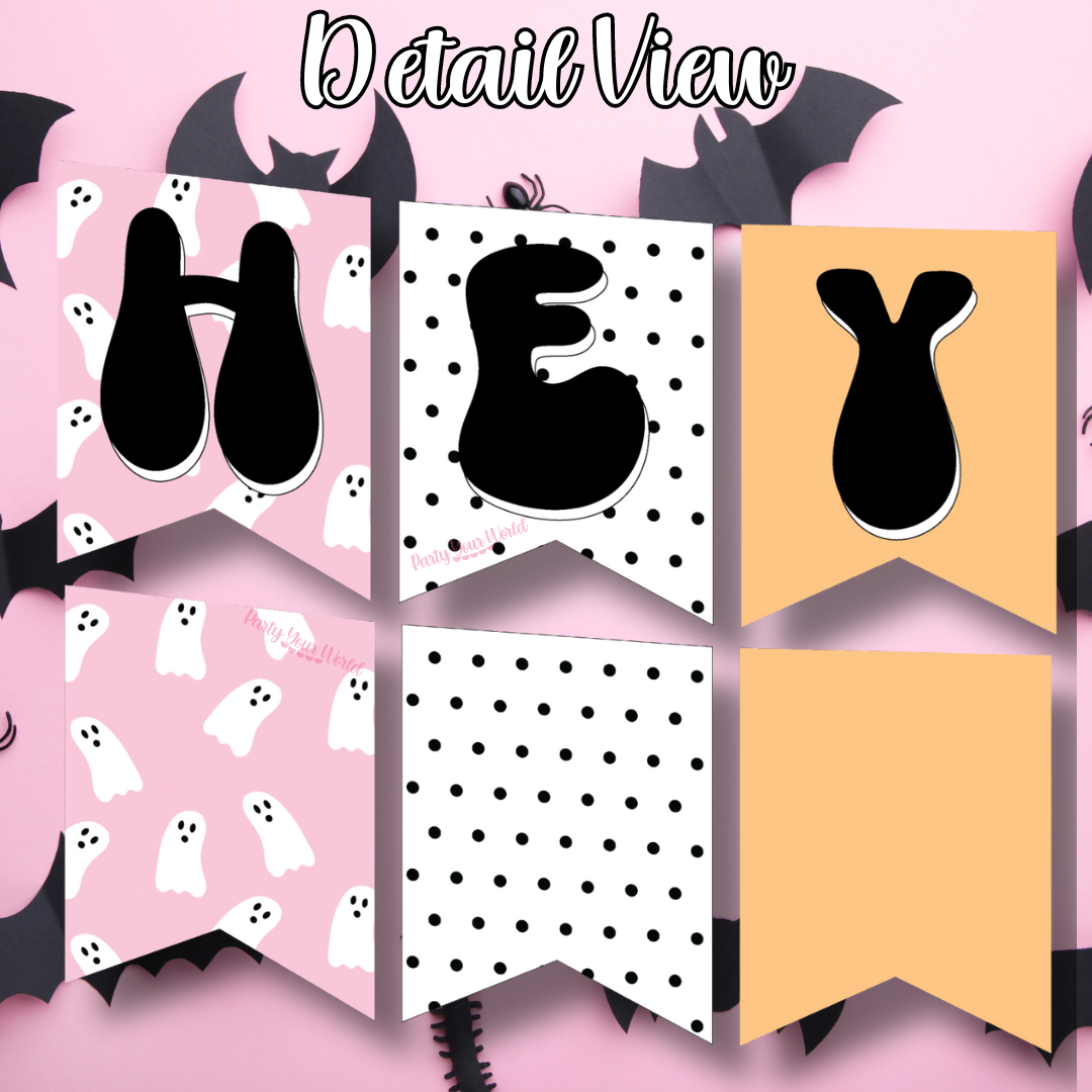 A vibrant Halloween banner featuring "HEY BOO" with cute ghost designs on pink and orange flags, perfect for festive decor.