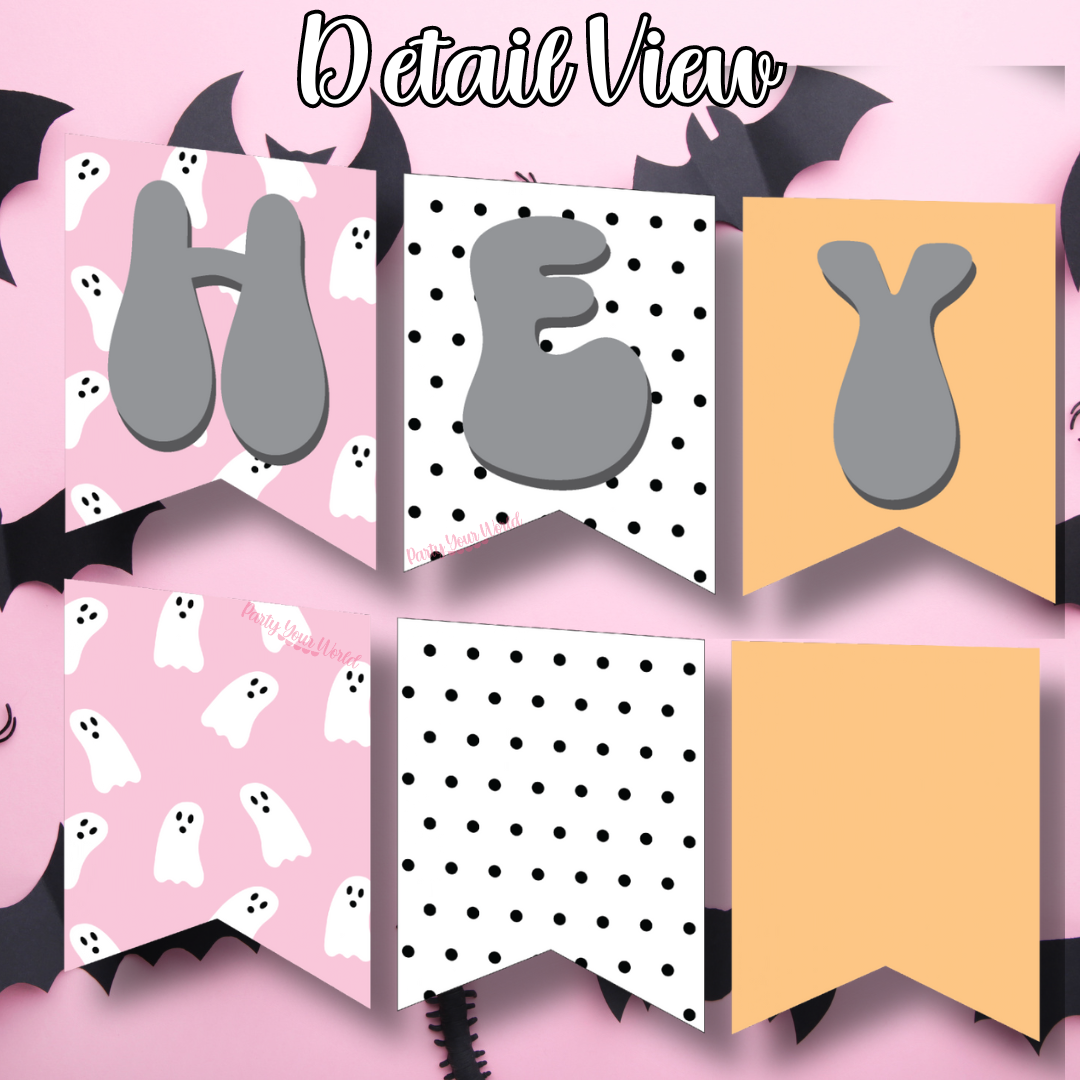 Spooky "HEY BOO" Halloween banner with playful ghost illustrations on colorful flags, ideal for creating a festive atmosphere.