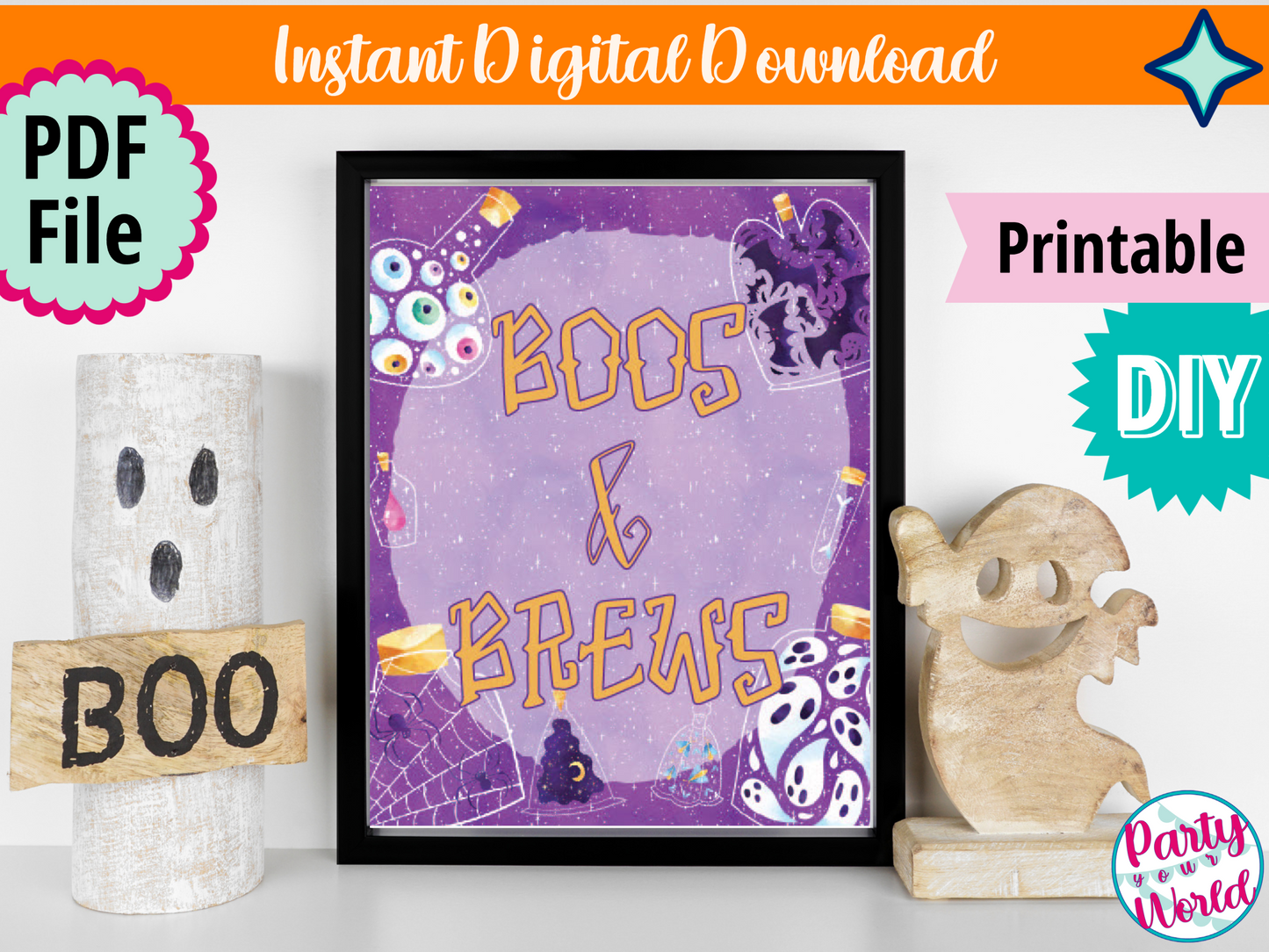 Spooky Potions Halloween Sign, DIY "Boos & Brews" Printable Table Top Sign