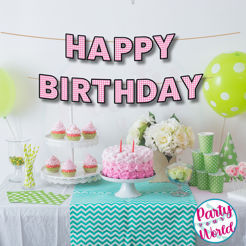 Happy Birthday Banner - Pink Gingham Pattern