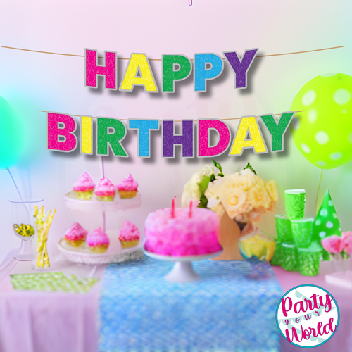 Happy Birthday Banner - Pink and Purple Rainbow Confetti Pattern