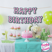 Load image into Gallery viewer, Happy Birthday Banner - Retro Checkered Flowers, Raspberry, Teal, Gray