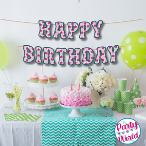 Happy Birthday Banner - Retro Checkered Flowers, Raspberry, Teal, Gray