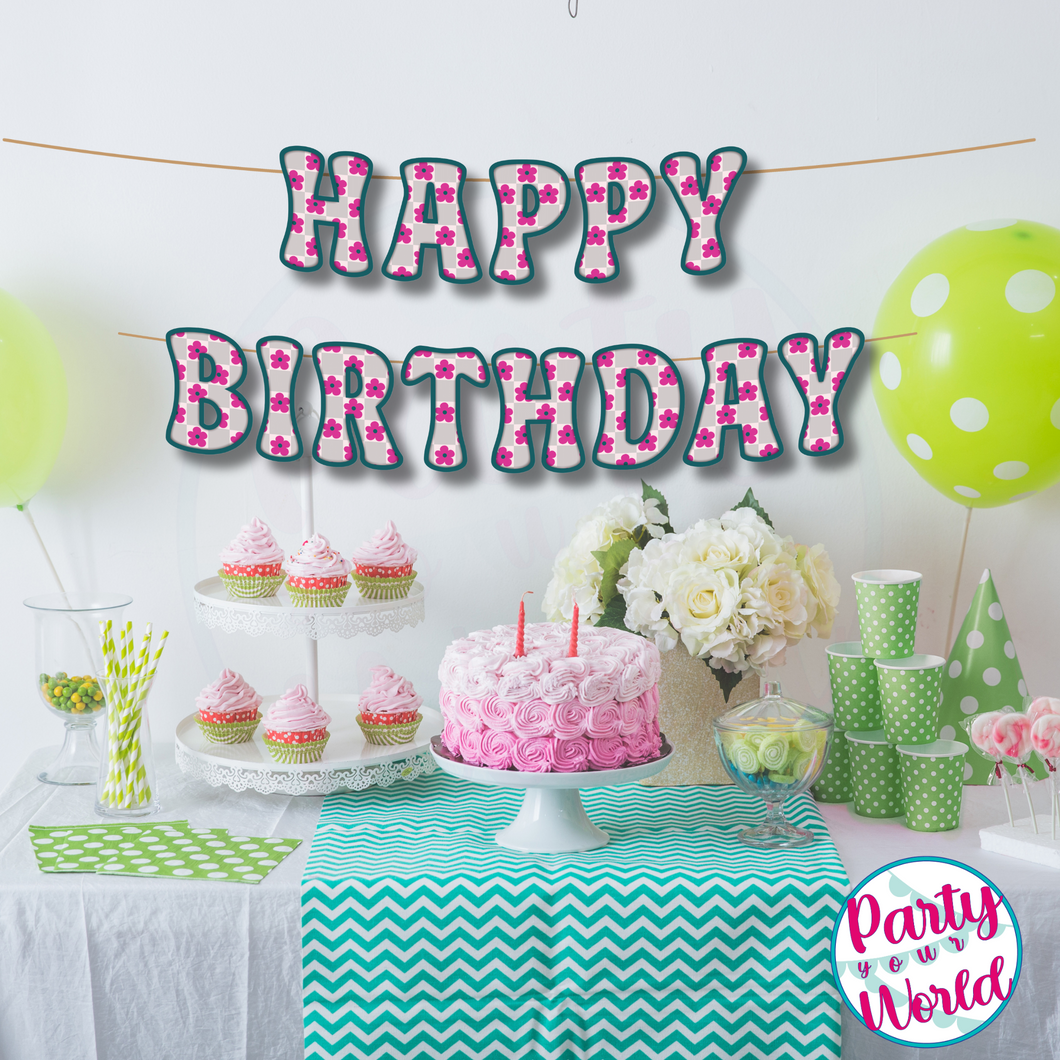 Happy Birthday Banner - Retro Checkered Flowers, Raspberry, Teal, Gray