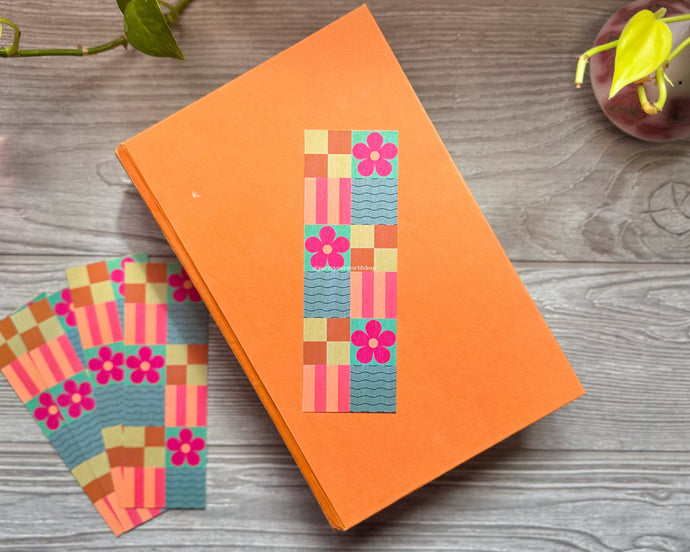 Bold Checkered Bookmark – Colorful Geometric Design with Stripes, Florals & Abstract Shapes for Modern Readers
