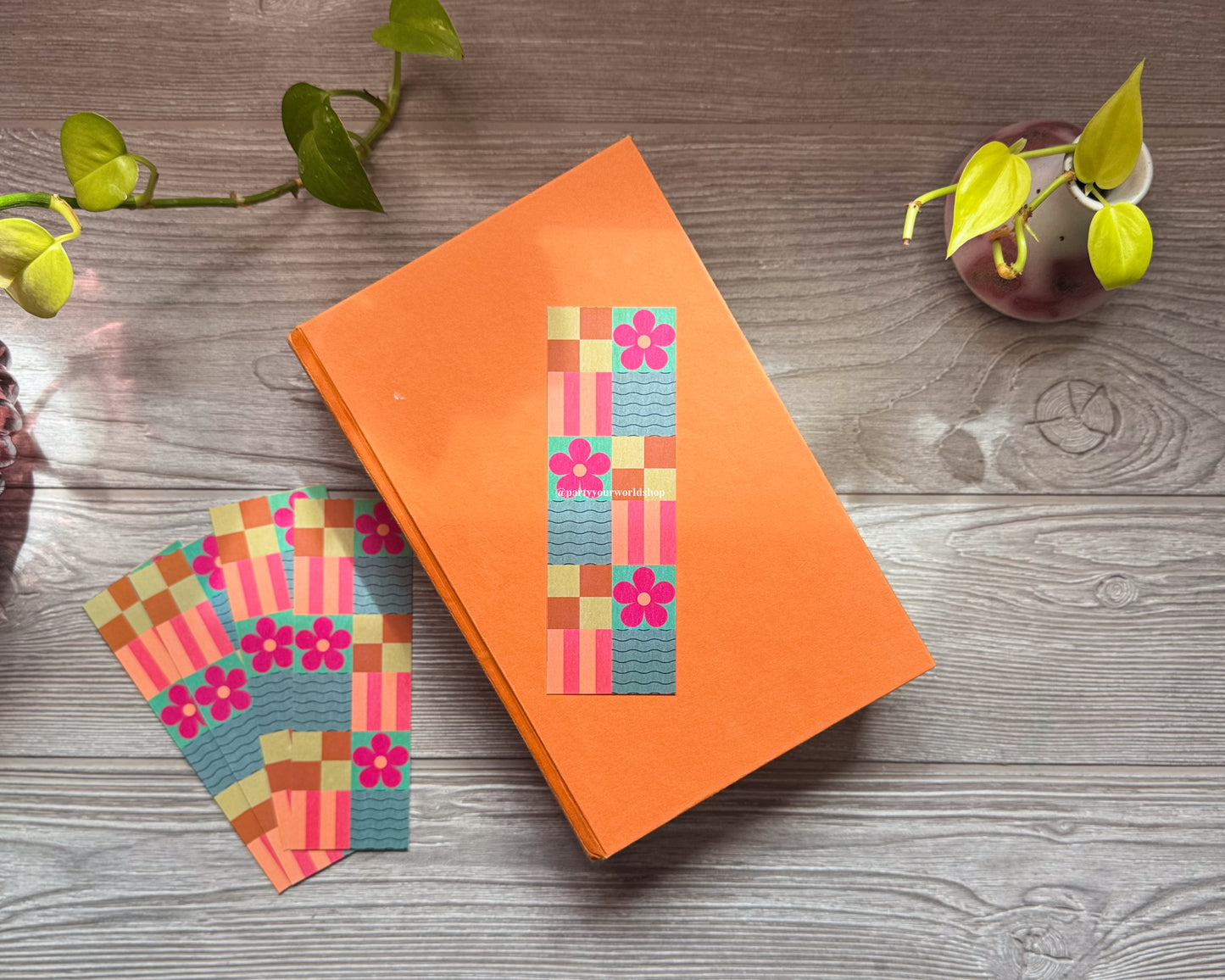 Bold Checkered Bookmark – Colorful Geometric Design with Stripes, Florals & Abstract Shapes for Modern Readers