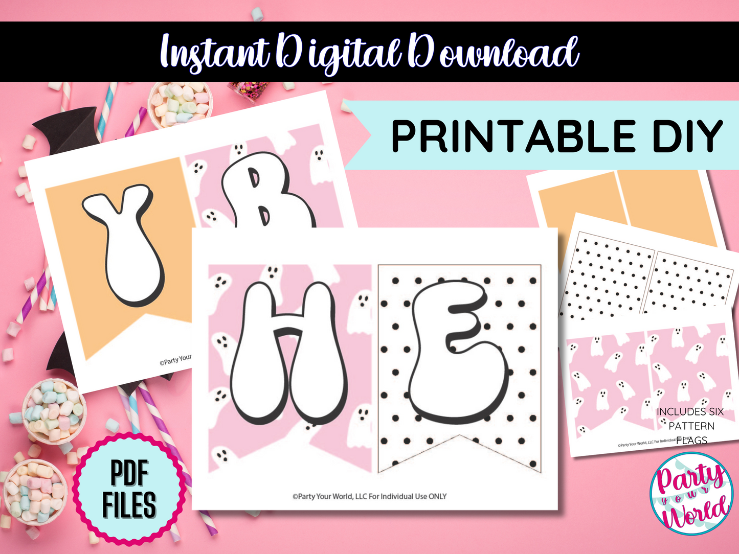 Spooky "HEY BOO" Halloween banner with playful ghost illustrations on colorful flags, ideal for creating a festive atmosphere.