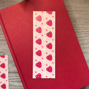 Heart Strawberry Bookmark – Pink Floral Fruit Design, Illustrated Bookmark for Sweet Reads & Thoughtful Gifts