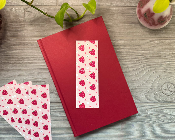 Heart Strawberry Bookmark – Pink Floral Fruit Design, Illustrated Bookmark for Sweet Reads & Thoughtful Gifts