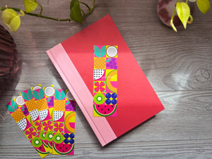 Fruit Party Bookmark – Colorful Geometric Fruit on Hot Pink Checkered Pattern, Illustrated Bookmark for Summer Joy & Maximalists