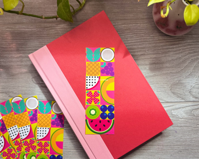 Fruit Party Bookmark – Colorful Geometric Fruit on Hot Pink Checkered Pattern, Illustrated Bookmark for Summer Joy & Maximalists