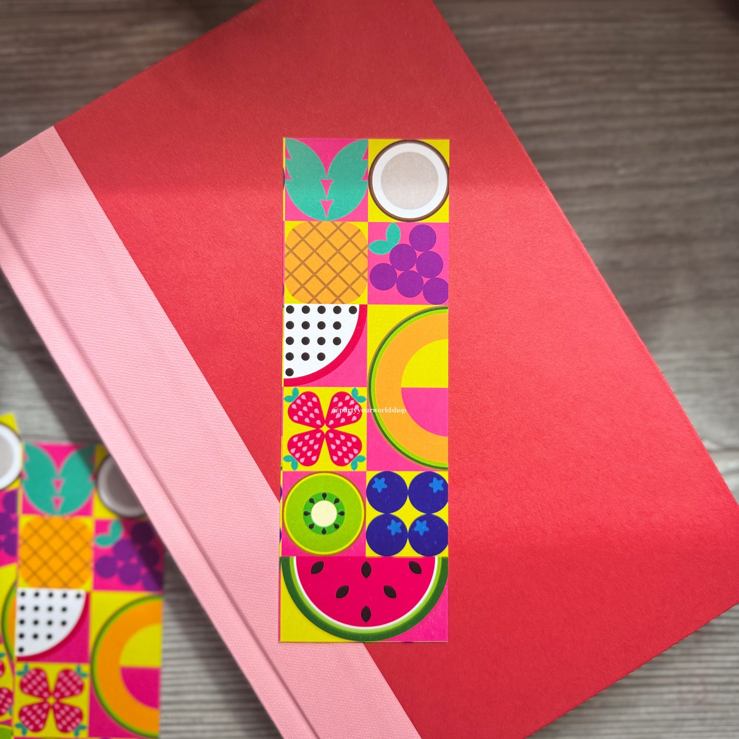 Fruit Party Bookmark – Colorful Geometric Fruit on Hot Pink Checkered Pattern, Illustrated Bookmark for Summer Joy & Maximalists