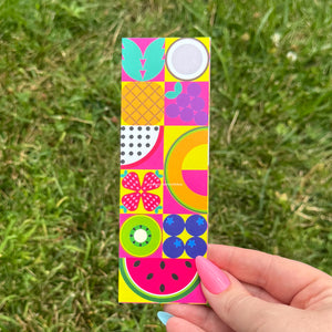 Fruit Party Bookmark – Colorful Geometric Fruit on Hot Pink Checkered Pattern, Illustrated Bookmark for Summer Joy & Maximalists