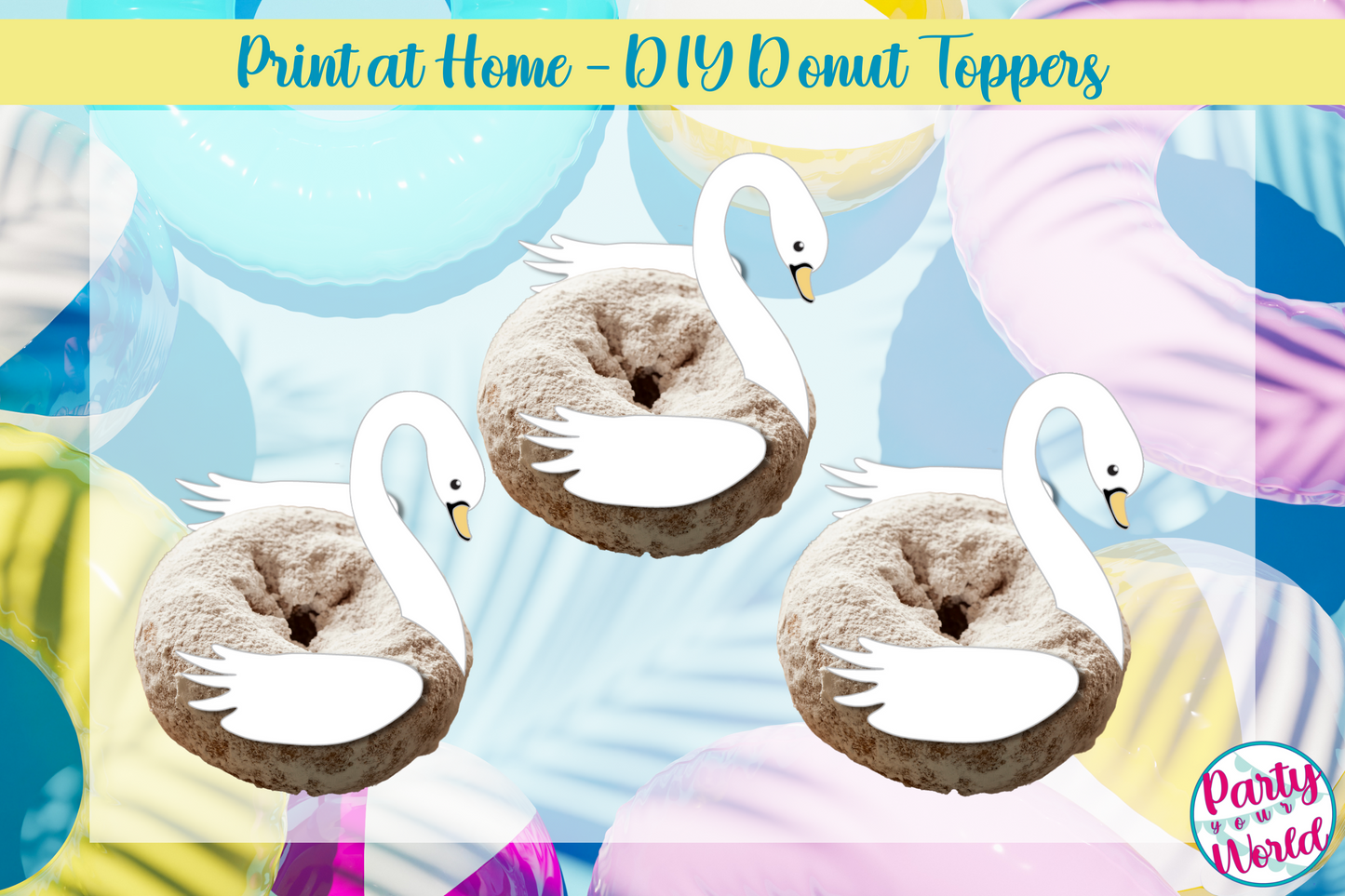 Swan Pool Float Cupcake or Donut Toppers, PRINTABLE DIY Summer Pool Party Cupcake Toppers