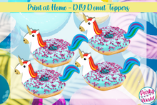 Load image into Gallery viewer, Unicorn Pool Float Cupcake or Donut Toppers, PRINTABLE DIY Summer Pool Party Cupcake Toppers