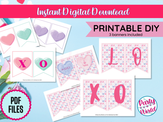 A promotional graphic showcasing an instant digital download of three printable Valentine’s Day banners. Each banner features colorful heart designs, including pastel pink, green, and purple conversation hearts with phrases like "XOXO" and "Kisses." The text highlights "Printable DIY," "3 banners included," and "PDF files" with the Party Your World logo in the bottom right corner. The background includes a light blue surface with roses and gift decorations.