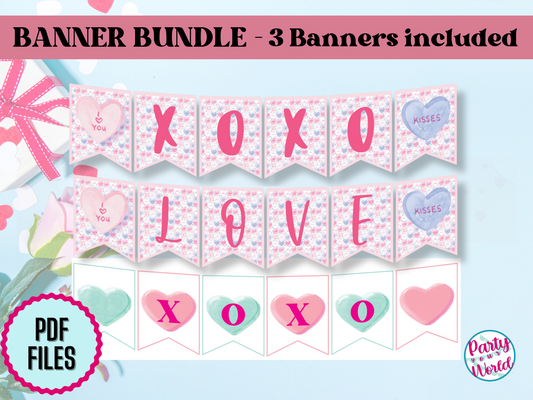  A promotional graphic for a Valentine’s Day banner bundle including three printable designs. The banners spell out "XOXO" and "LOVE" with pastel-colored heart and floral patterns, featuring phrases like "Kisses" and "I ♥ You." The text reads "Banner Bundle - 3 Banners included" and highlights "PDF files." The Party Your World logo appears in the bottom right corner. The background includes Valentine’s-themed props like a pink ribbon-wrapped gift and roses.