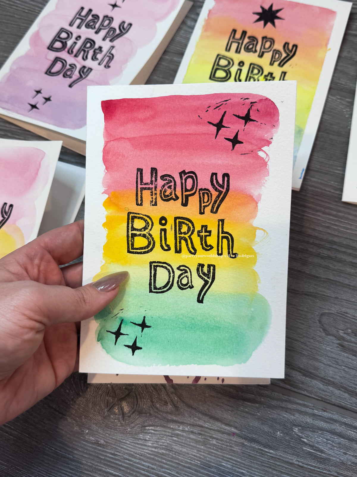 Original Watercolor & Block Print Birthday Card | One-of-a-Kind 5x7 Art Card