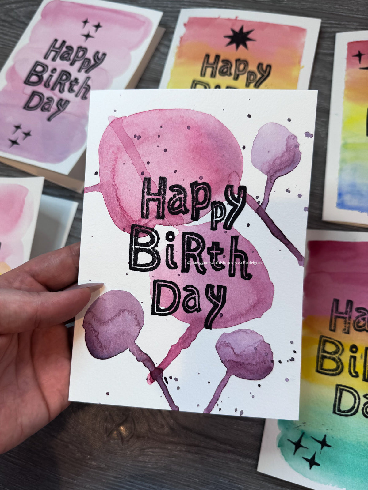 Original Watercolor & Block Print Birthday Card | One-of-a-Kind 5x7 Art Card