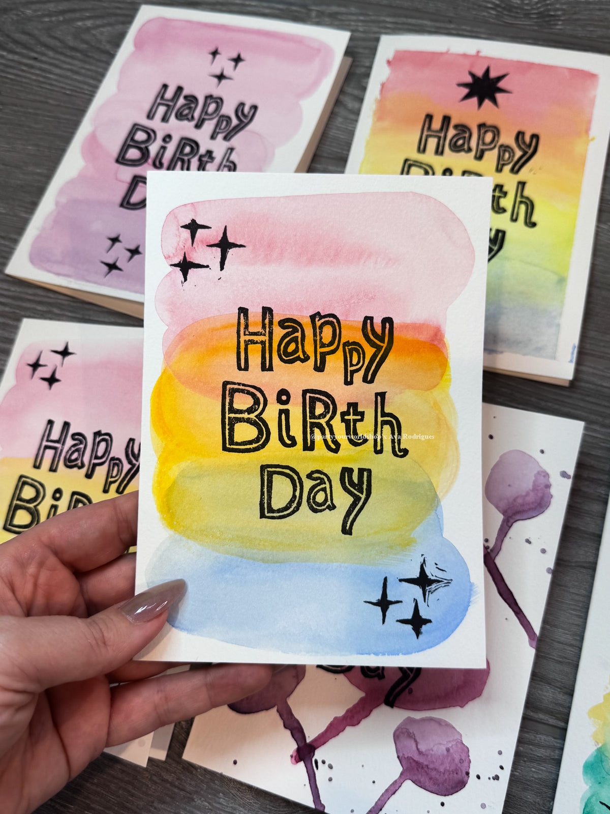 Original Watercolor & Block Print Birthday Card | One-of-a-Kind 5x7 Art Card