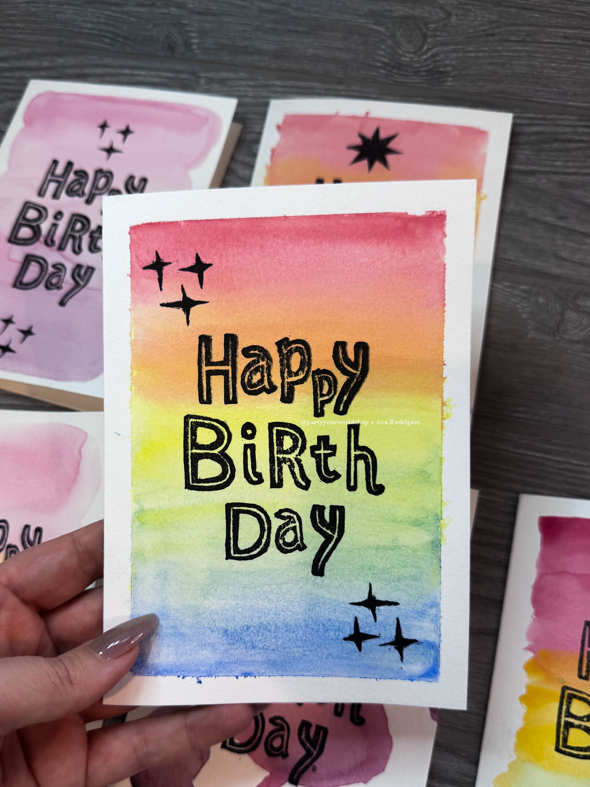 Original Watercolor & Block Print Birthday Card | One-of-a-Kind 5x7 Art Card