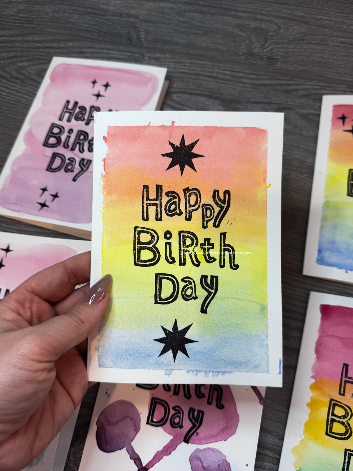 Original Watercolor & Block Print Birthday Card | One-of-a-Kind 5x7 Art Card
