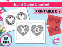 Load image into Gallery viewer, Valentine&#39;s Day printable DIY banner with intricate heart designs, featuring black ink floral patterns on a white background. Includes &#39;X&#39; and &#39;O&#39; designs for instant digital download.