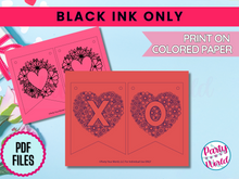 Load image into Gallery viewer, Black ink-only Valentine’s Day banner printable. Designed for use with colored paper, featuring heart-shaped floral patterns and &#39;X&#39; and &#39;O&#39; letters.