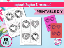 Load image into Gallery viewer, Printable DIY Valentine’s Day banner showing detailed floral heart patterns in black ink on white and red backgrounds, with letters &#39;X&#39; and &#39;O&#39; included.