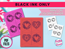 Load image into Gallery viewer, Black ink-only printable Valentine’s Day decor showcasing intricate floral hearts and &#39;X&#39; and &#39;O&#39; designs, ideal for printing on colored paper.