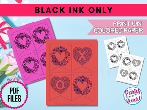 Black ink-only printable Valentine’s Day decor showcasing intricate floral hearts and 'X' and 'O' designs, ideal for printing on colored paper.